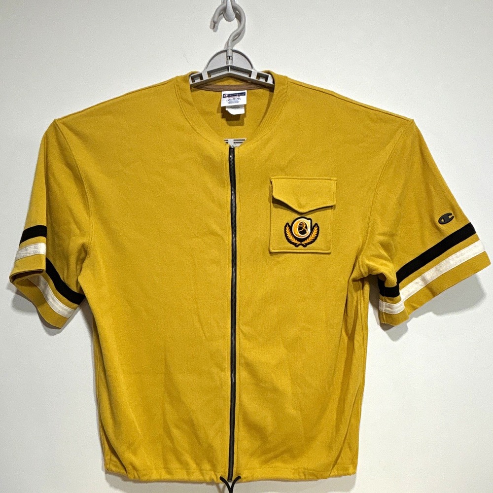 Champion Mens M Full Zip Short Sleeve Jacket Gold Varsity Crest Retro Streetwear